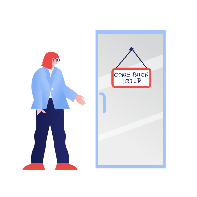Woman-standing-near-come-back-later-sign-Medium